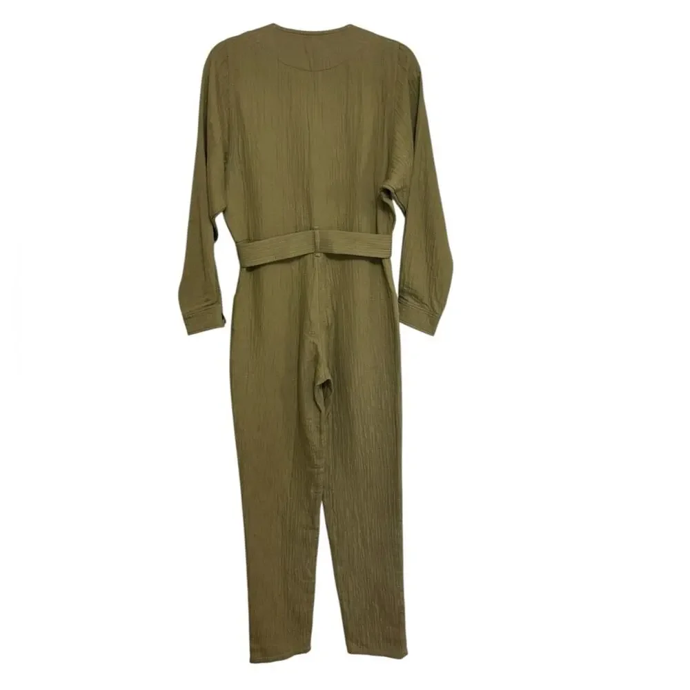 NWT Sezane Quilted Linen Cotton Hailey Jumpsuit in Olive Khaki - Size 34 (US 2)
